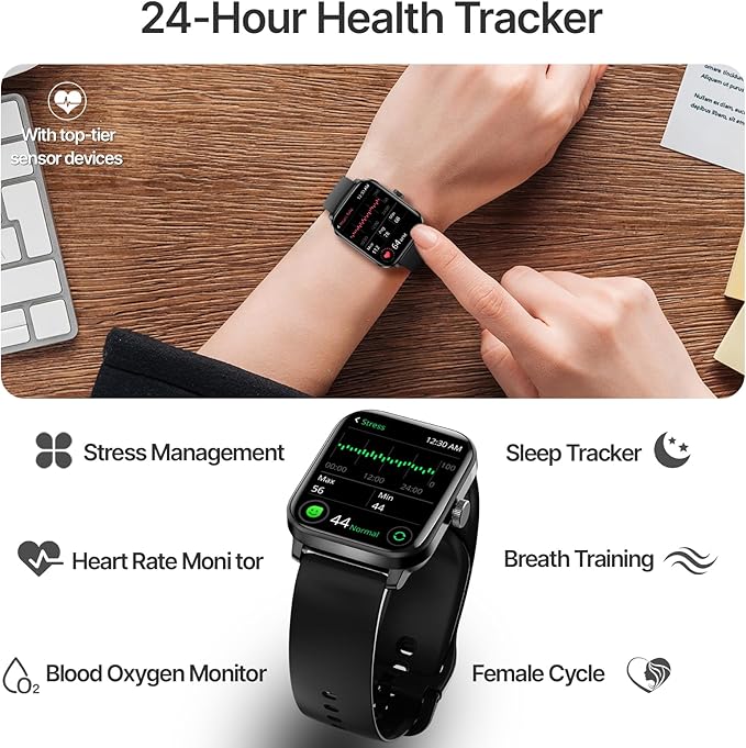 Smart Watch for Men Women, GPS Built-in, Bluetooth Calling, Heart Rate & Sleep Health Monitor, Stress Manage, IP68 Waterproof, 100+ Sports Mode, Smartwatch for Android & iPhone, Black