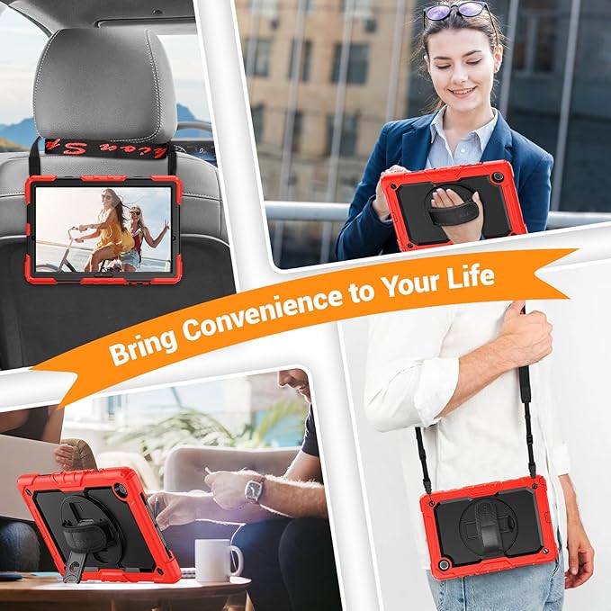 SEYMAC for Samsung Galaxy Tab A8 Case 10.5 Inch (SM-X200/ X205/ X207), Heavy Duty Full-Body Shockproof Protective Case with Screen Protector, Rotating Stand, Hand/Shoulder Strap and Pen Holder, Red