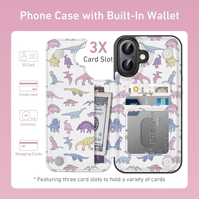 FUNMIKO for iPhone 16 Wallet Case with Card Holder, RFID-Blocking, Military-Grade Protection & UV-Printed Artwork, Magnetic Closure with Leather Kickstand - Vibrantly Cute Dinosaur
