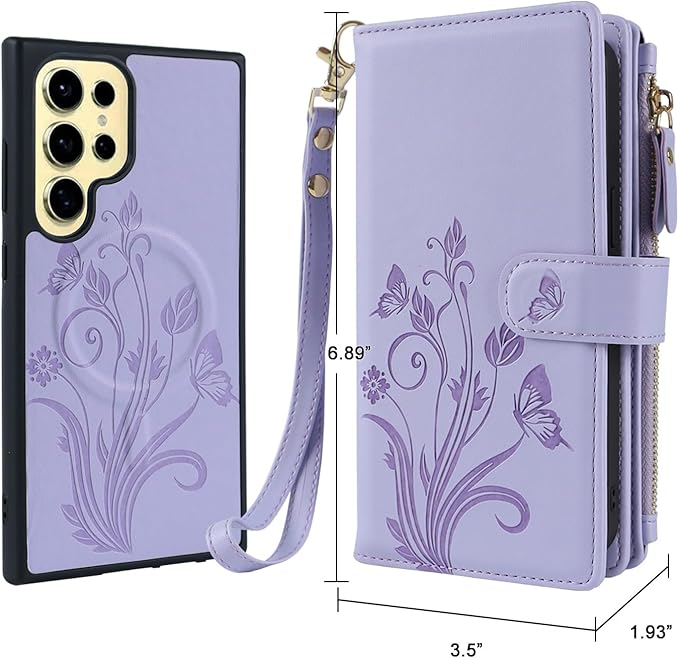 Lacass for Samsung Galaxy S24 Ultra Case Wallet,Compatible with MagSafe 2 in 1 Magnetic Detachable PU Leather RFID Blocking Wallet Cover Card Holder Zipper Wrist Strap Lanyard,Floral Light Purple