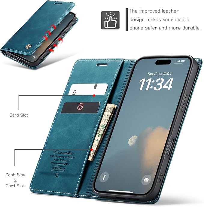 for iPhone 16 Case, Flip Wallet Leather Case with Card Holder Magnetic Closure Shockproof Kickstand Protective Phone Cases Cover for iPhone 16, Blue-Green