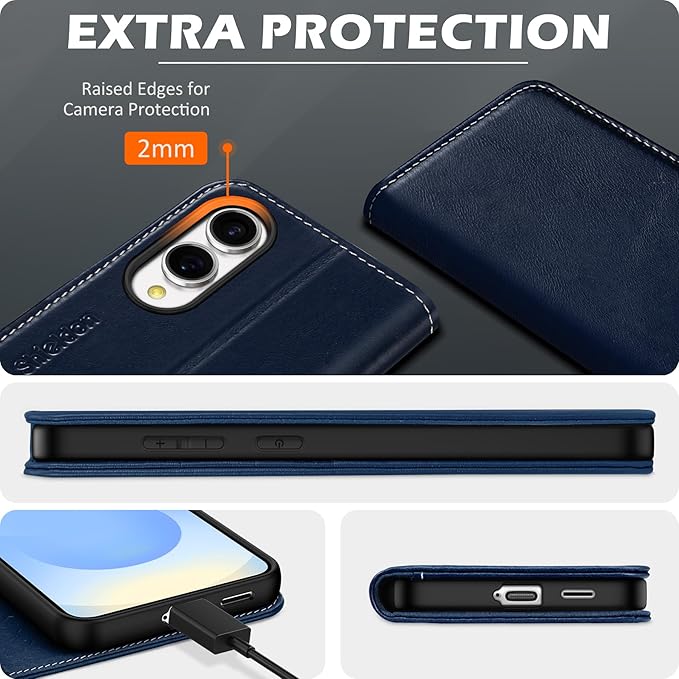 SHIELDON Case for Galaxy S25 Edge 6.7", Genuine Leather Flip Wallet Book Case Magnetic RFID Blocking Credit Card Holder Kickstand Shockproof Cover Compatible with Galaxy S25 Edge - Retro Dark Blue