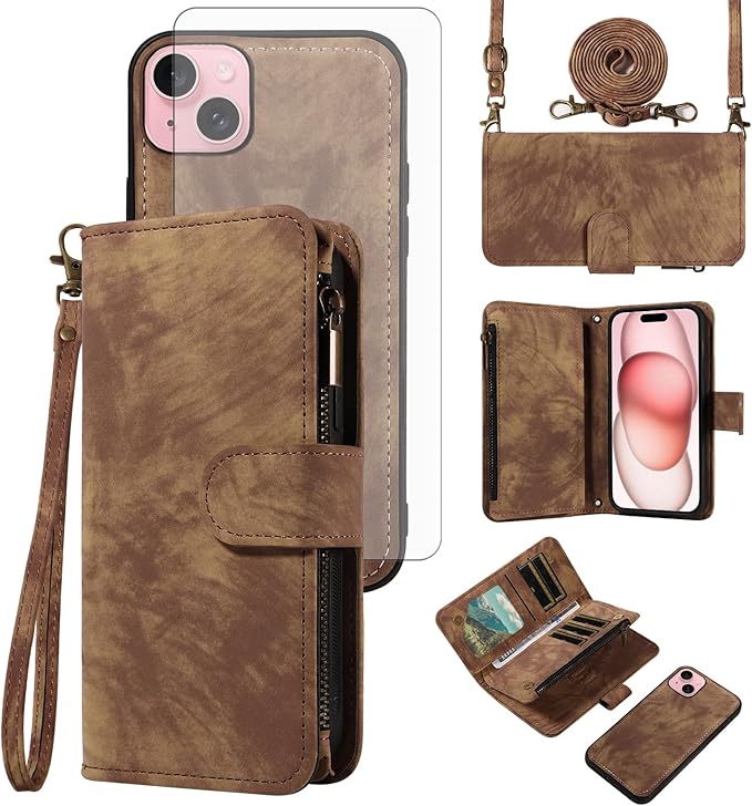 Asuwish Phone Case for iPhone 15 6.1 inch Zipper Wallet Magnetic Cell Cover with Tempered Glass Screen Protector Crossbody Strap Flip Credit Card Holder iPhone15 5G i i-Phone i15 15Case Women Brown