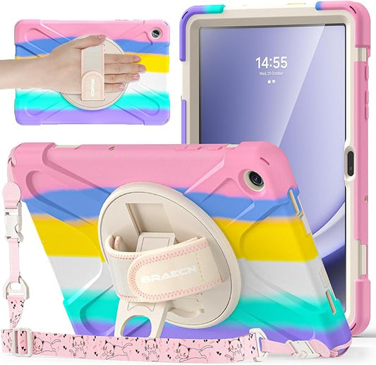 BRAECNstock Kids Case for Samsung Galaxy Tab A9+ Plus 11 inch (SM-X210/X216/X218) Shockproof Protective Case with Screen Protector Pen Holder [360° Rotating Hand Strap+Stand], Colorful Pink