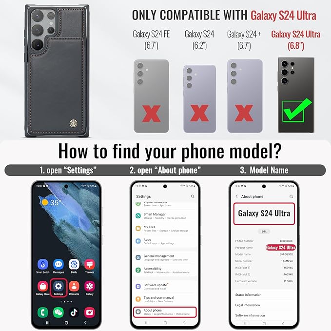 Vinich for Samsung Galaxy S24 Ultra Wallet Case with Card Holder, RFID Blocking Credit Slots Kickstand Shockproof Phone Cover for Women Men, Black