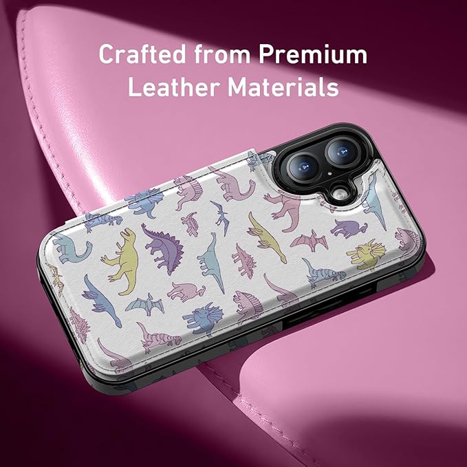 FUNMIKO for iPhone 16 Wallet Case with Card Holder, RFID-Blocking, Military-Grade Protection & UV-Printed Artwork, Magnetic Closure with Leather Kickstand - Vibrantly Cute Dinosaur