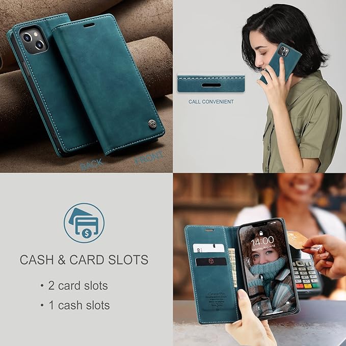 for iPhone 13 Case, Flip Wallet Leather Case with Card Holder Magnetic Closure Shockproof Kickstand Protective Phone Cases Cover for iPhone 13, Blue-Green