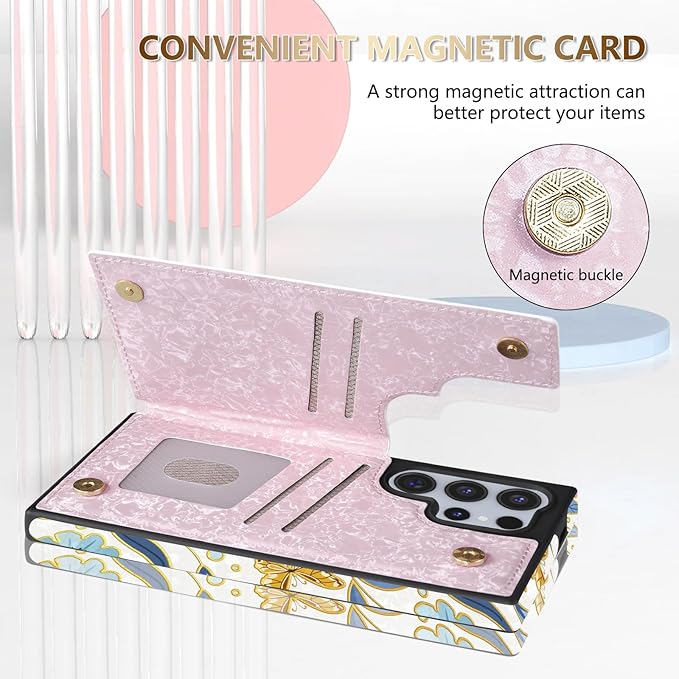 NNH Compatible with Samsung Galaxy S25 Ultra Wallet Case with RFID Blocking Card Slots Flip PU Leather Kickstand Double Magnetic Clasp Design Cover for Galaxy S25 Ultra(6.8 inch-Butterfly Flowers)