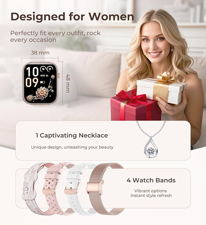 Iaret Smart Watch for Women, 1.83" HD Fitness Tracker with 4 Bands, Answer/Make Calls, Heart Rate/Sleep/SpO2/Step Tracking, 100+ Sport Modes, Android/iPhone Compatible Gift (Rose Gold)