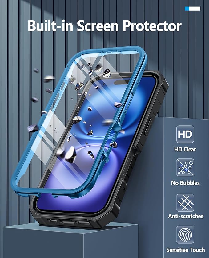 FNTCASE for iPhone 16 Phone Case: for iPhone 16 case with Kickstand Shockproof Military Grade Protective Cover - Dual Layer Full Protection Sturdy Matte Textured Drop Proof - 6.1 Inch Blue