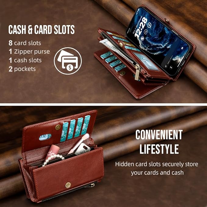 for iPhone 17 Pro Max Wallet Phone Case with 8 Card Holder,RFID Blocking | PU Leather | Kickstand | Flip | Wrist Strap&Shoulder Strap | Shockproof | Zipper Wallet | Women Men | 6.9" | Brown