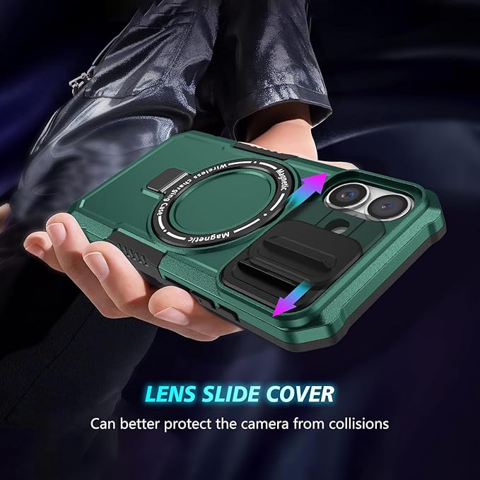 for iPhone 16 Case Magnetic Compatible with MagSafe Wireless Charging,with 2 Screen Protectors,for 16 Case Built-in Kickstand+Camera Cover Anti-Scratch Shockproof Heavy Duty Protection Green