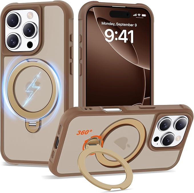 Compatible with iPhone 16 Pro Case with Invisible Magnetic 360°Spin Stand,Military-Grade Shockproof Protection [Compatible with Mag-Safe] Non-Slip Edge Translucent Case (6.3",Desert Brown)