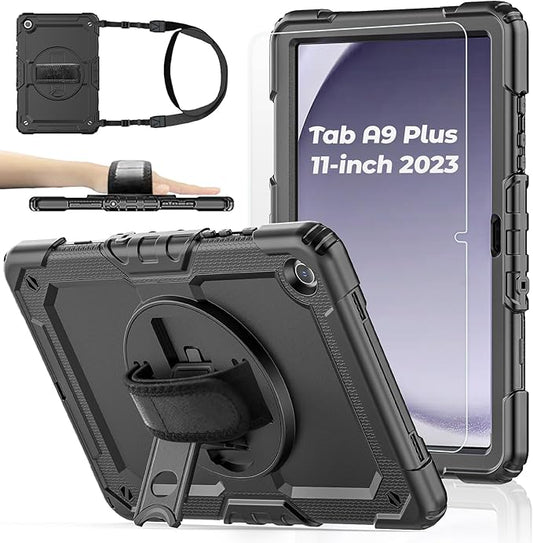 Case for Samsung Galaxy Tab A9 Plus Tablet Case 11 inch 2023 [with Tempered Glass Screen Protector],Rotatable Kickstand,S Pen Holder,Hand/Shoulder Strap (Black)