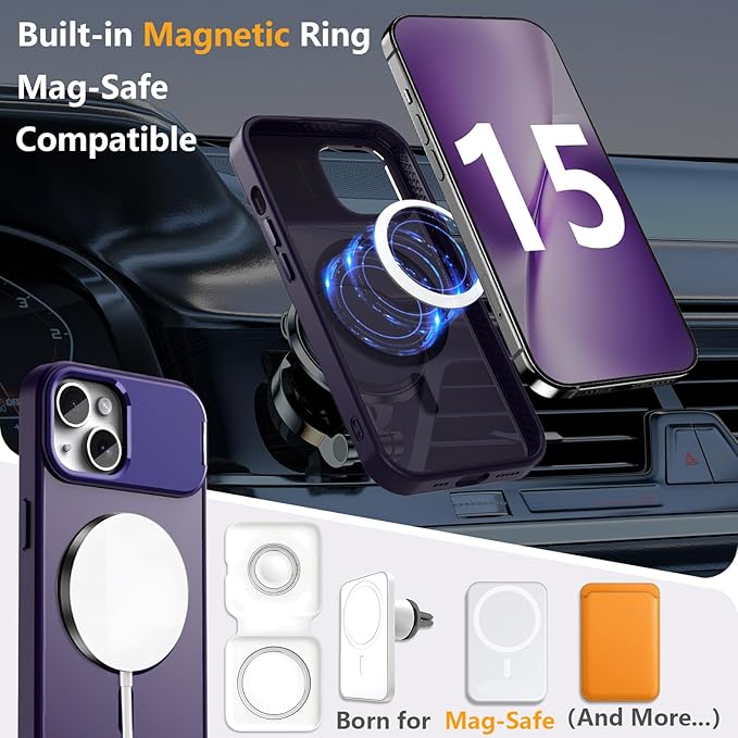 Innaght Magnetic for iPhone 15 Case with Stand,Compatible with MagSafe,Rugged,Heavy Duty,Protective Case Kickstand,[Built-in Invisible Stand],Purple