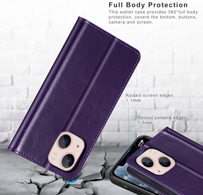 Belemay Compatible with iPhone 14 Plus Wallet Case-Genuine Leather Flip Phone Case-RFID Blocking Card Holder-Shockproof TPU Shell Folio Cover Women Men Compatible with iPhone 14 Plus (6.7-inch) Purple