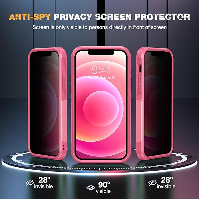 Diaclara Designed for iPhone 12 Case/iPhone 12 Pro Case, [with Privacy Screen Protector] [Anti Spy] [Military Grade Drop Protection] Heavy Duty Full-Body Shockproof Phone Case, Pink