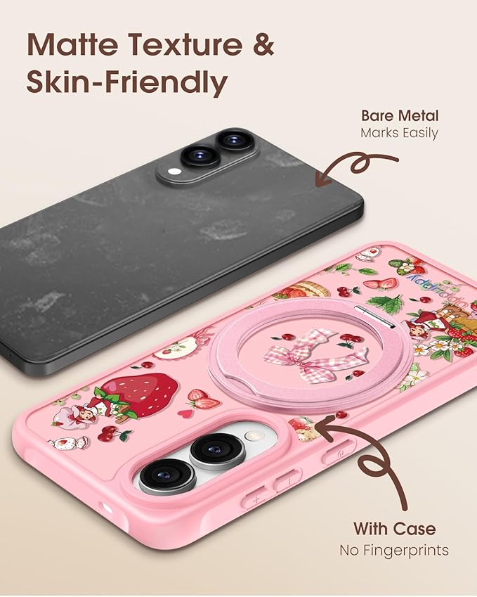 for Samsung Galaxy S25 Edge Case with 360° Rotatable Magnetic Ring - Compatible with MagSafe, Semi-Transparent Soft-Touch Material Shockproof, Cute Pink Strawberry Design for Women Girl