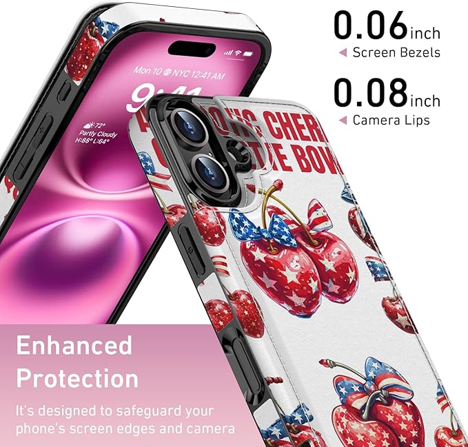 FUNMIKO for iPhone 16 Wallet Case with Card Holder, RFID-Blocking, Military-Grade Protection & UV-Printed Artwork, Magnetic Closure with Leather Kickstand - Cherries with Bow
