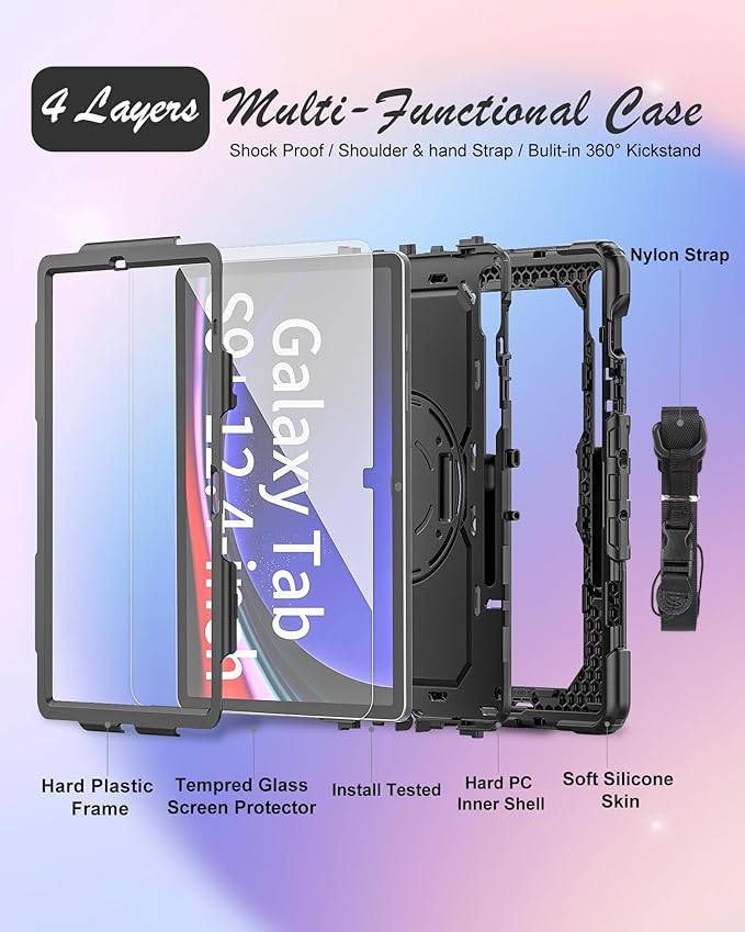 Case for Samsung Galaxy Tab S10 Plus/ S9 FE Plus/ S9 Plus 5G Tablet Case 12.4 inch [with Tempered Glass Screen Protector], Rotatable Kickstand, S Pen Holder, Hand/Shoulder Strap (Black)