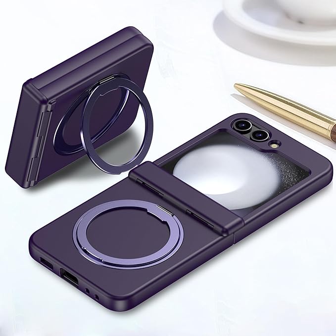 Magnetic Case for Samsung Galaxy Z Flip 5 Compatible with Magsafe, Built-in Kickstand & TPU Hinge Protection Flip 5 Case, Matte PC Cover Ultra Shockproof Phone Case for Z Flip5 (Dark Purple)