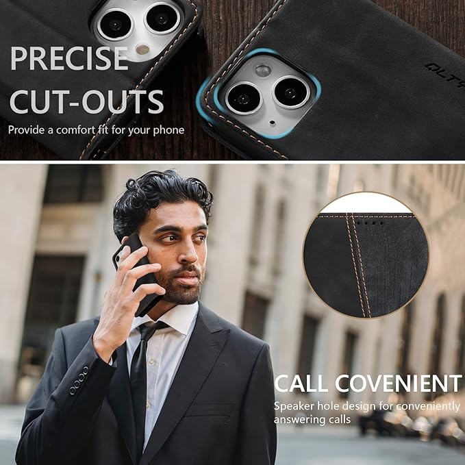 QLTYPRI Case for iPhone 14, Vintage PU Leather Wallet Case Card Slot Kickstand Magnetic Closure Shockproof Flip Folio Book Case Cover for iPhone 14(6.1 inch) - Retro Black