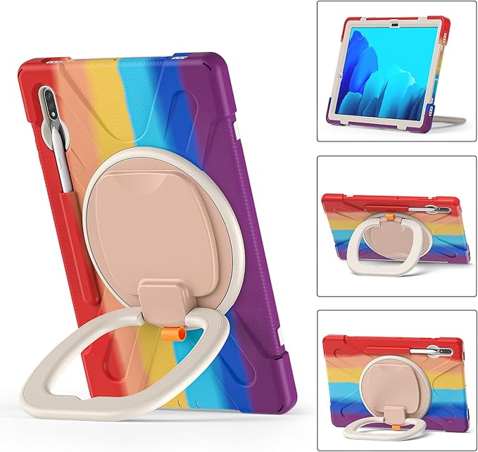 360 Rotation Portable Case for Galaxy Tab S8+/S7 FE/S7+ 12.4 Inch Case with S Pen Holder Rugged Case Rotating Stand Hand Strap Shoulder Carrying Strap Outdoor Cover (Colourful Red)
