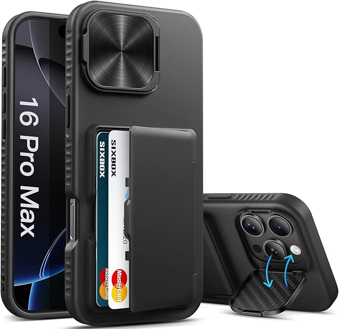 for iPhone 16 Pro Max Case with Card Holder & Kickstand & Camera Cover, Full Body Protective Silicone Edge Multifunctional Wallet Stand Phone Cover Case for iPhone 16 Pro Max, Black