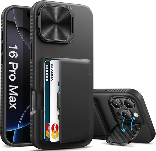 for iPhone 16 Pro Max Case with Card Holder & Kickstand & Camera Cover, Full Body Protective Silicone Edge Multifunctional Wallet Stand Phone Cover Case for iPhone 16 Pro Max, Black