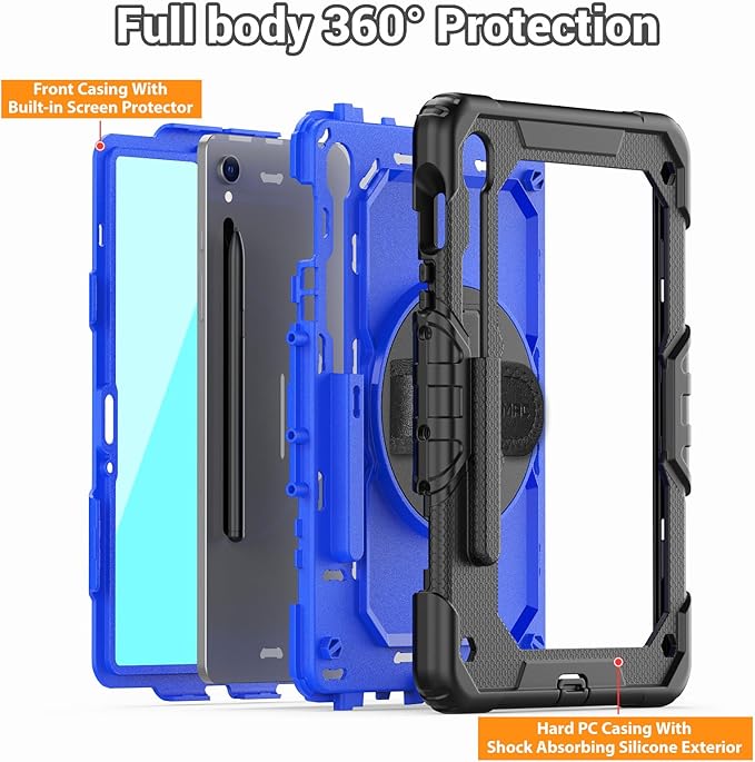 SEYMAC Case for Samsung Galaxy Tab S10 Lite/ S10 FE/ S9 FE/ S9 5G (10.9''/11''), Heavy Duty Shockproof Protective Case with Screen Protector, Rotating Stand, Hand Strap and Pen Holder, Blue