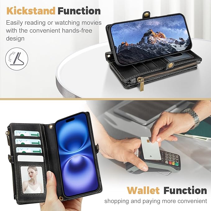 for iPhone 16 Plus Wallet Phone Case with 8 Card Holder,RFID Blocking | PU Leather | Kickstand | Flip | Wrist Strap&Shoulder Strap | Shockproof | Zipper Wallet | Women Men | 6.7" | Black
