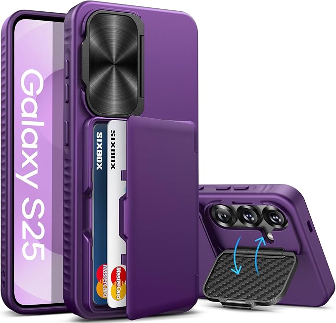 for Samsung Galaxy S25 Case, Built-in Card Holder & Stand & Camera Lens Cover, Military Grade Drop Tested Soft Silicone Edge Rugged Protective Wallet Phone Case for Galaxy S25 6.2" 2025, Purple