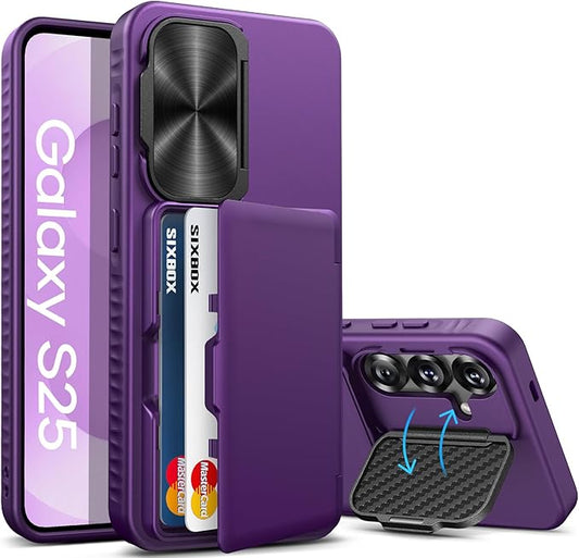 for Samsung Galaxy S25 Case, Built-in Card Holder & Stand & Camera Lens Cover, Military Grade Drop Tested Soft Silicone Edge Rugged Protective Wallet Phone Case for Galaxy S25 6.2" 2025, Purple