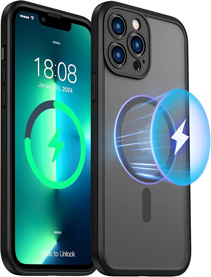ImpactStrong Magnetic Guard Designed for iPhone 13 Pro Max Case [Camera Protection] [Military Grade Drop Tested] [Compatible with MagSafe] Slim Translucent Matte Phone Case (6.7") - Black