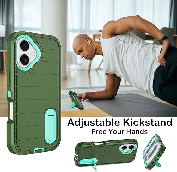 for iPhone 16 Case with 2 Screen Protectors,Heavy Duty Shockproof Drop Protection Military Grade Tri-Layer Rugged Cell Phone Cover with Built-in Invisible Kickstand for Apple 16 6.1“ (Army Green)