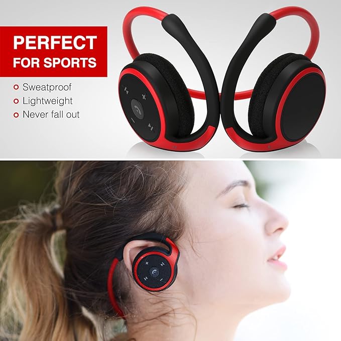 Small Bluetooth Headphones Wrap Around Head - Sports Wireless Headset with Built in Microphone and Crystal-Clear Sound, Foldable and Carried in The Purse, and 12-Hour Battery Life, Red