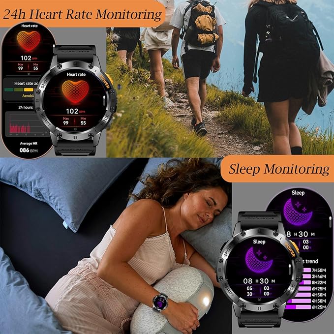 1.43" Amoled Ultra Military Smart Watch for Men(Answer/Dial Calls) 100+Sports Modes,5ATM Waterproof 530mAh Large Battery Super Long Standby with LED Flashlight,Heart Rate,SpO2,BP Android iOS