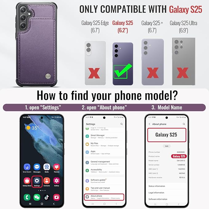 Vinich for Samsung Galaxy S25 Wallet Case with Card Holder, RFID Blocking Credit Slots Kickstand Shockproof Phone Cover for Women Men, Purple