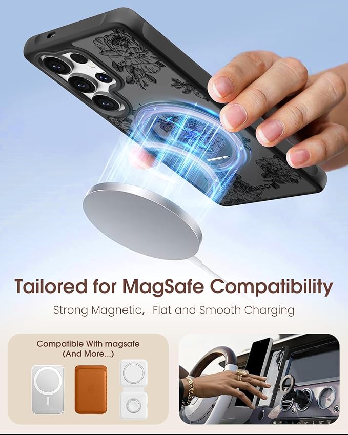 for Samsung Galaxy S25 Ultra Case with 360° Rotatable Magnetic Ring - Compatible with MagSafe, Semi-Transparent Soft-Touch Material Shockproof, Cute Line Art Flower Design for Women Girl