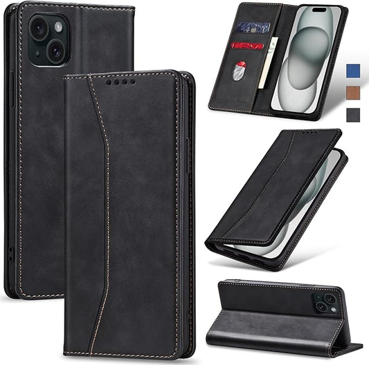 Jasonyu Flip Wallet Case for iPhone 15 Plus,Leather Magnetic Folio Cover with Card Holder,Kickstand - TPU Shockproof Durable Protective Phone Case,Black