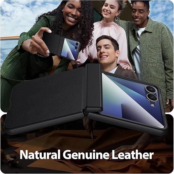 Leather Case for Samsung Galaxy Z Flip 7 | TPU Shockproof | Soft Nappa Leather | Magnetic Hinge Protection | Glass Screen Protector | Sleek Slim Fit | Wireless Charging | Rugged Phone Cover | Black