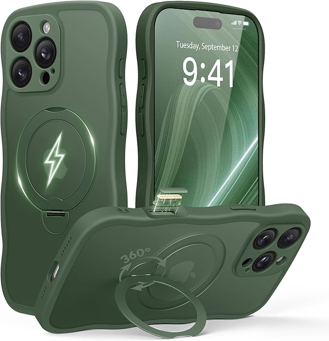 GolbinBox for iPhone 16 Pro Max Case for Women,[Compatible with Magsafe][360° Spin Magnetic Stand][Cute Wave Edge][Military-Grade Protection] Translucent Matte Phone Case for iPhone 16 ProMax, Green