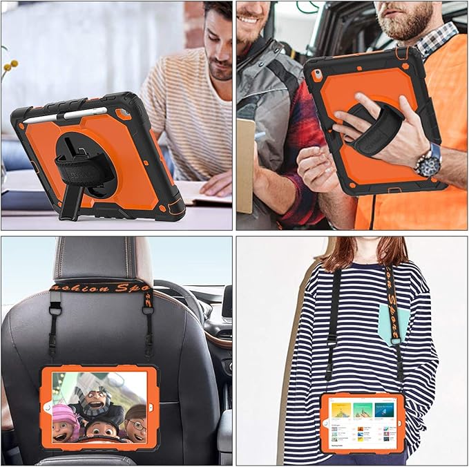 SEYMAC stock Case for iPad 9th/ 8th/ 7th Generation 10.2'', Shockproof with Screen Protector, Pencil Holder [360° Rotating Hand Strap] & Stand, for iPad 10.2 inch 2021-2019 (Brightorange)