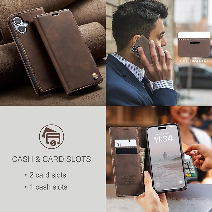 QLTYPRI for iPhone 16 Case Wallet with Card Holder, Vintage PU Leather Kickstand Magnetic Closure Shockproof Folio Book Cover Case for iPhone 16 - Coffee Brown