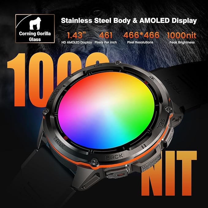 AMAZTIM GPS Smart Watch for Men, 6 Satellite Positioning, Compass, Stainless Steel Body, 50M Waterproof, 470mAh Extra-Large Battery, Answer/Make Call, 1.43" AMOLED Screen, Compatible for Android iOS