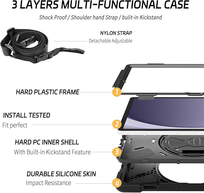 ZenRich Rugged Case for Samsung Galaxy Tab A9+/ A9 Plus Tablet 11”(SM-X210/SM-215/SM-X216) Heavy Duty Full-Body Shockproof Case w/ 360 Rotating Stand, Hand/Shoulder Strap for Galaxy Tab A9+/A9 Plus