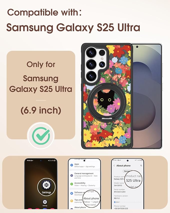 for Samsung Galaxy S25 Ultra Case with 360° Rotatable Magnetic Ring - Compatible with MagSafe, Semi-Transparent Soft-Touch Material Shockproof, Cute Black Cat & Flower Design for Women Girl