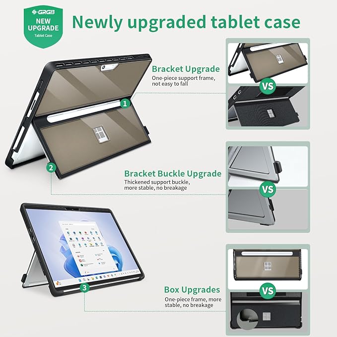 Case Updated Version fit Microsoft Surface Pro 11/10/9/8 13-Inch, All-in-one Rugged Case Compatible with Type Cover Keyboards, Transparent Black