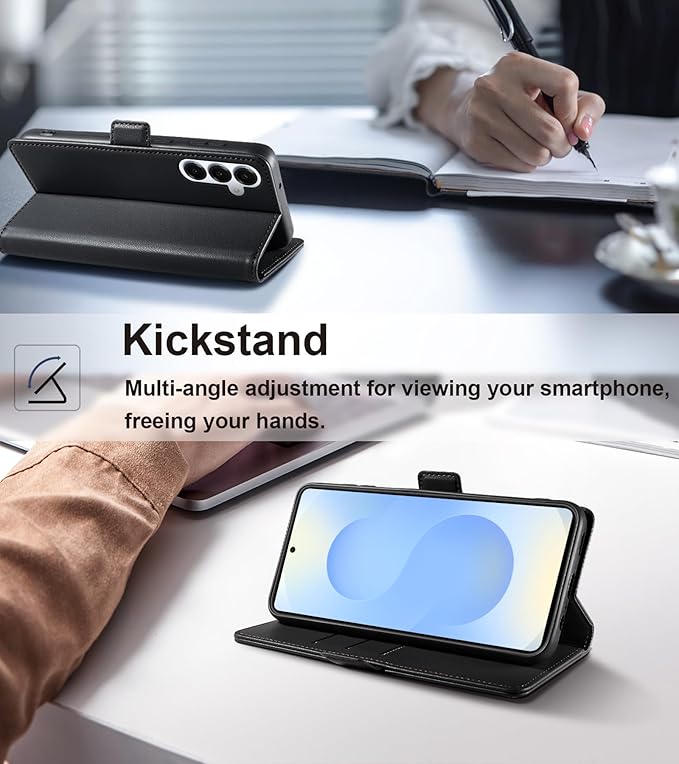 Wallet Flip Case for Samsung Galaxy S25 Plus/S25+ 5G - [RFID Blocking] Luxury PU Leather Card Holder Magnetic Phone Cover with Kickstand,Shockproof Protective Case,Black