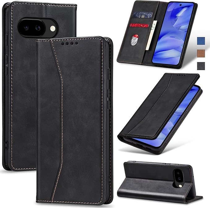 Jasonyu Flip Wallet Case for Google Pixel 9A,Leather Magnetic Folio Cover with Card Holder,Kickstand - TPU Shockproof Durable Protective Phone Case,Black